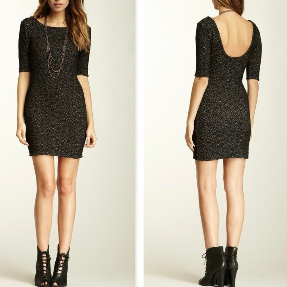 Free People Dress S Black Pucker Knit Bodycon Stretch Scoop Back Romantic Goth